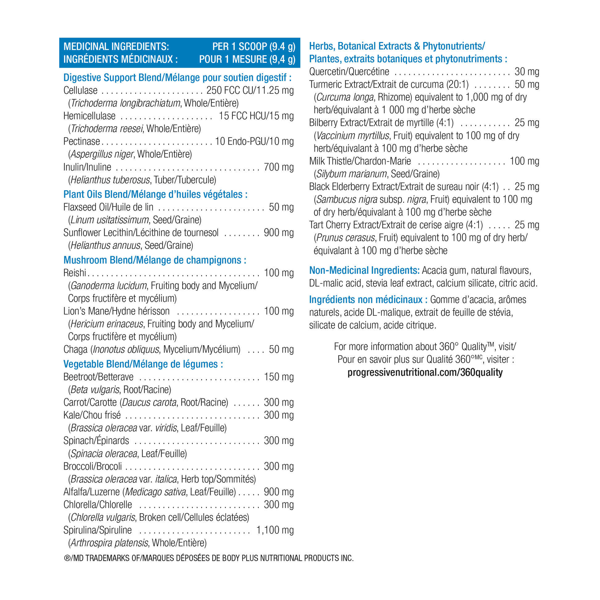 Progressive VegeGreens Daily Superfood & Adaptogen Powder Drink Mix - Blueberry Medley Flavour Nutrition Information