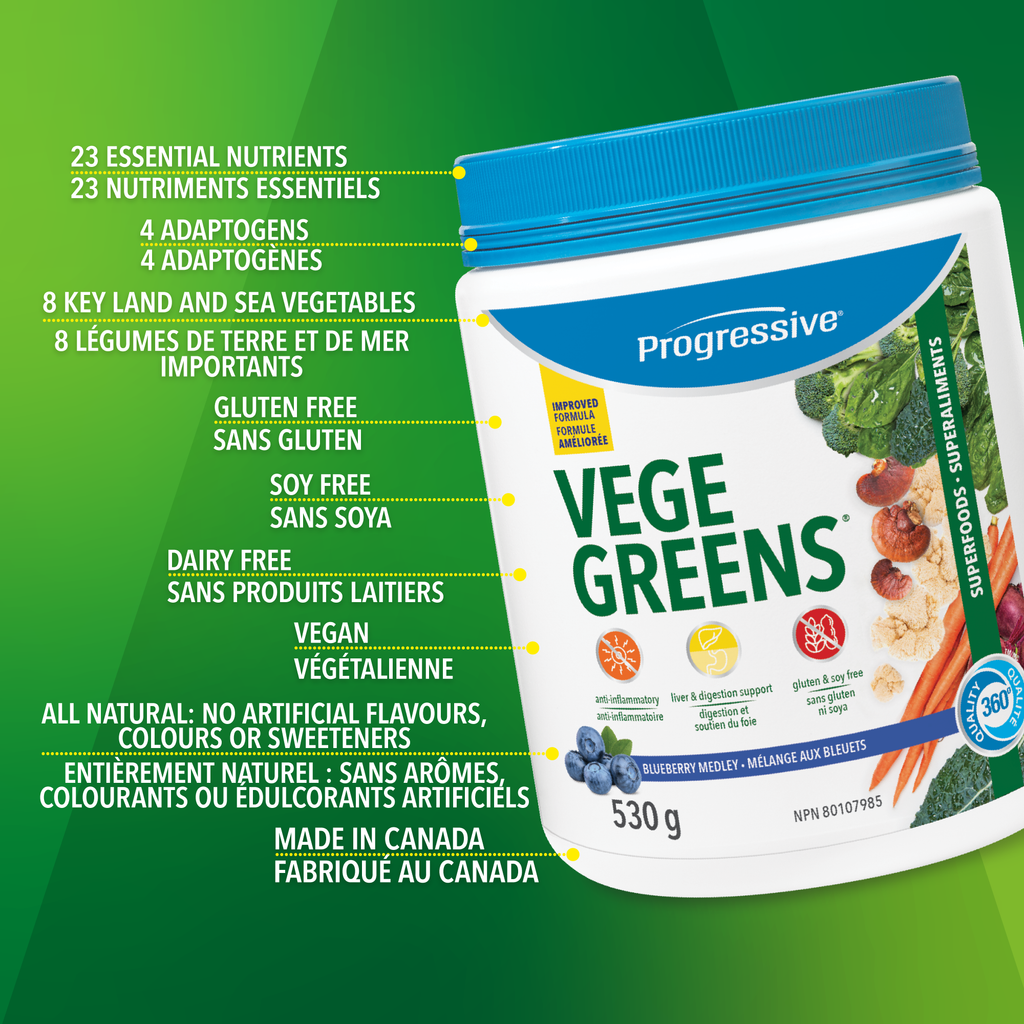 31001864 Progressive VegeGreens, Strawberry Banana, 265 g 1695-Vegegreens-Blueberry-Medley-530-g_Key-Benefits
