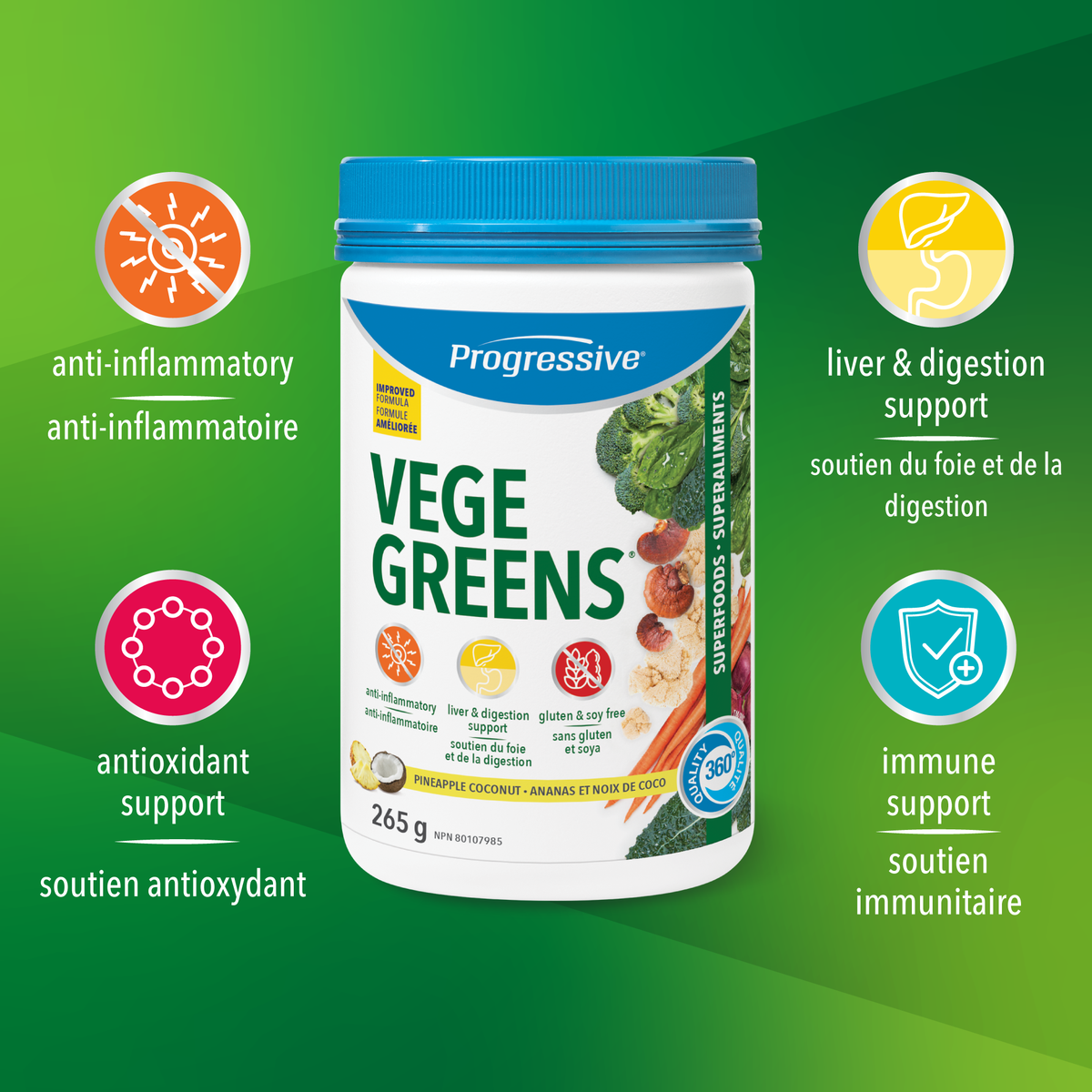 31001866 Progressive VegeGreens, Strawberry Banana, 265 g 1718-Vegegreens-PNC-265g_Claims