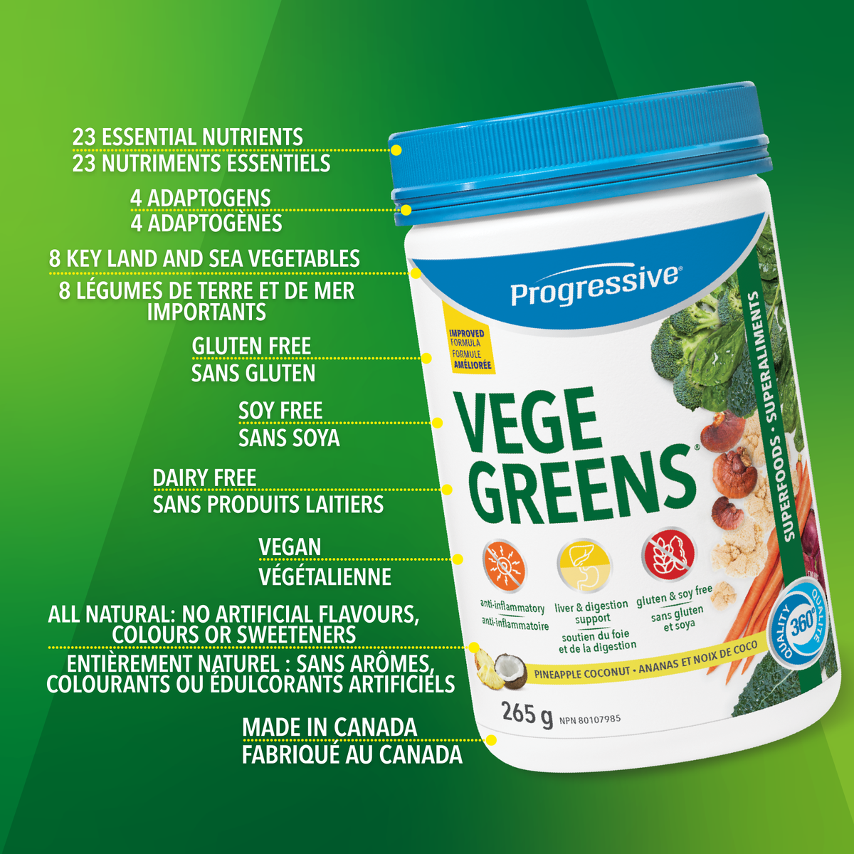 31001866 Progressive VegeGreens, Strawberry Banana, 265 g 1718-Vegegreens-PNC-265g_Key-Benefits