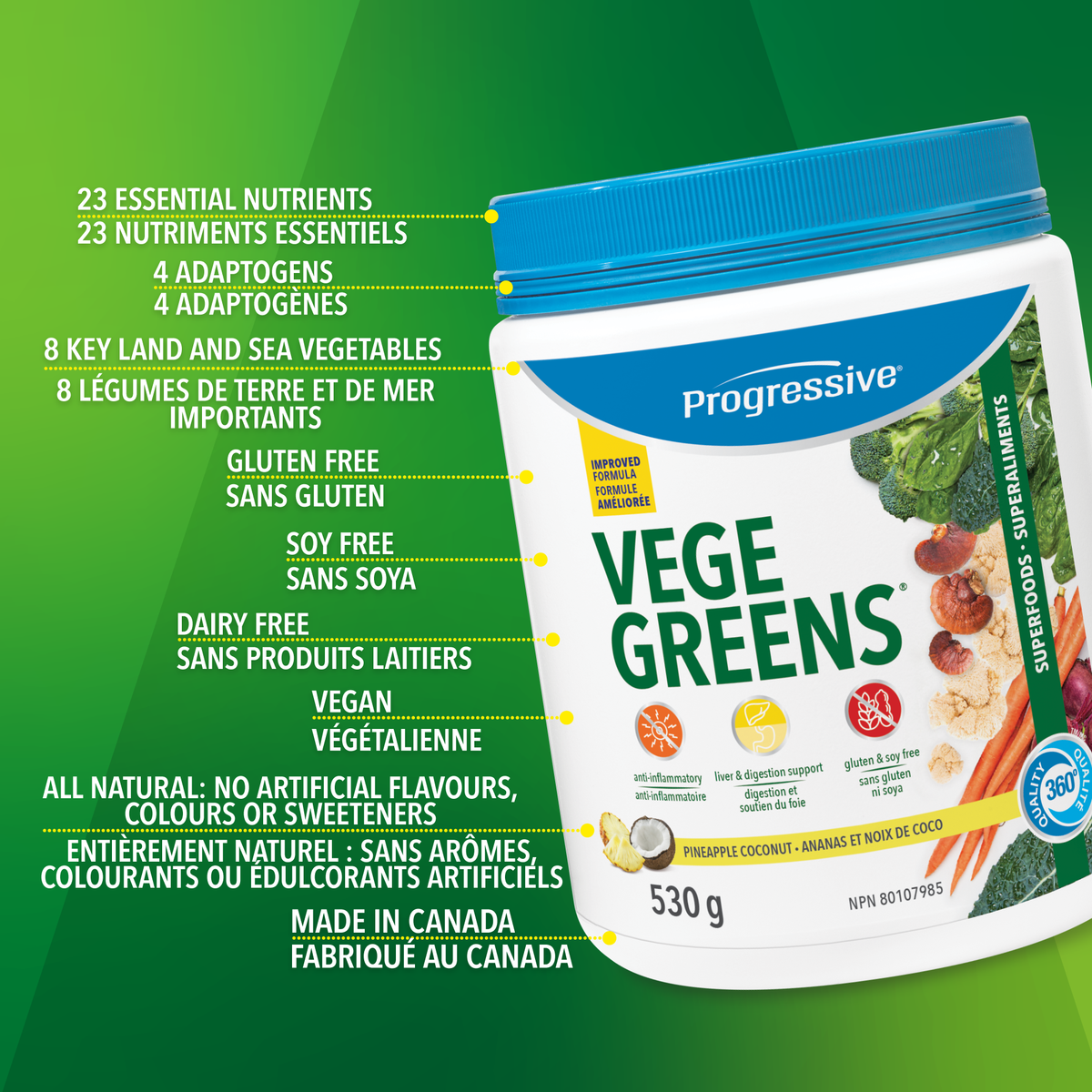 31001867 Progressive VegeGreens, Strawberry Banana, 265 g 1725-Vegegreens-PNC-530-g_Key-Benefits