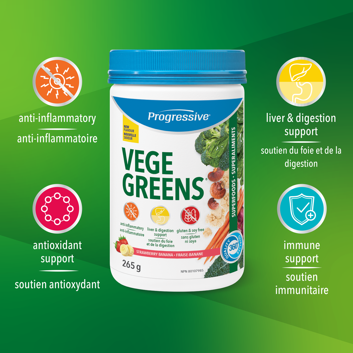 31001921 Progressive VegeGreens, Strawberry Banana, 265 g 1848 Vegegreens Strawberry Banana 265g_Product Claims