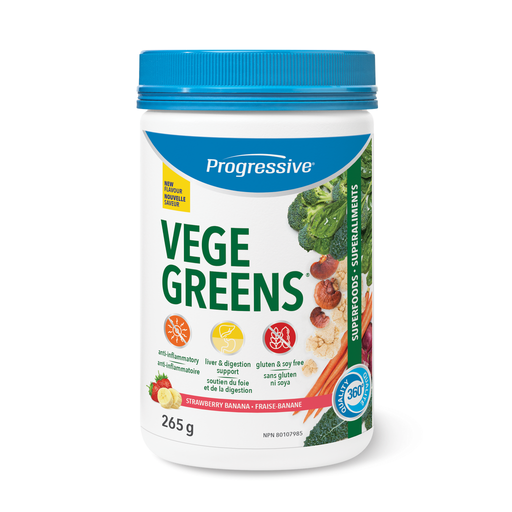 A container of Progressive VegeGreens powder with images of various green vegetables and fruits on the label, indicating a natural and healthy product.