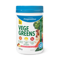A container of Progressive VegeGreens powder with images of various green vegetables and fruits on the label, indicating a natural and healthy product.