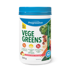 A container of Progressive VegeGreens powder with images of various green vegetables and fruits on the label, indicating a natural and healthy product.