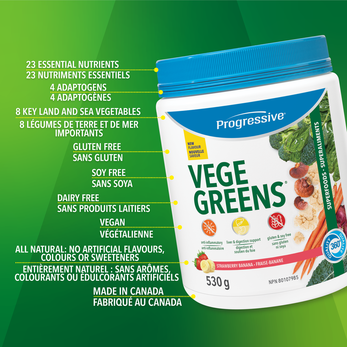 31001946 Progressive VegeGreens, Strawberry Banana, 265 g 1855 Vegegreens Strawberry Banana 530g_Key Benefits