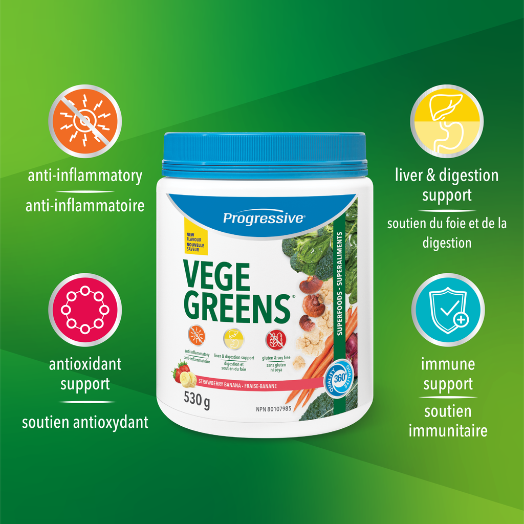 31001946 Progressive VegeGreens, Strawberry Banana, 265 g 1855 Vegegreens Strawberry Banana 530g_Product Claims