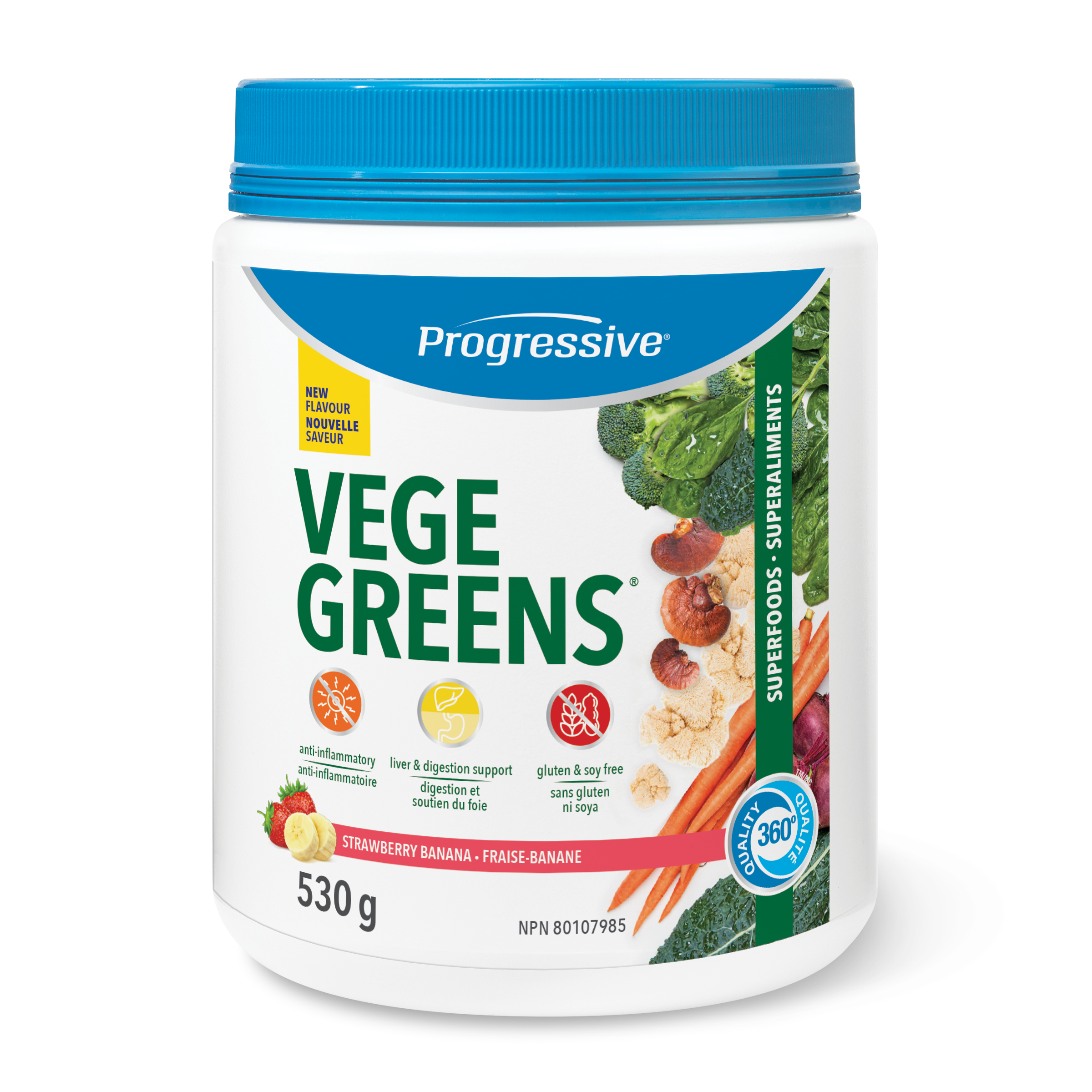 A container of Progressive VegeGreens powder with images of various green vegetables and fruits on the label, indicating a natural and healthy product.