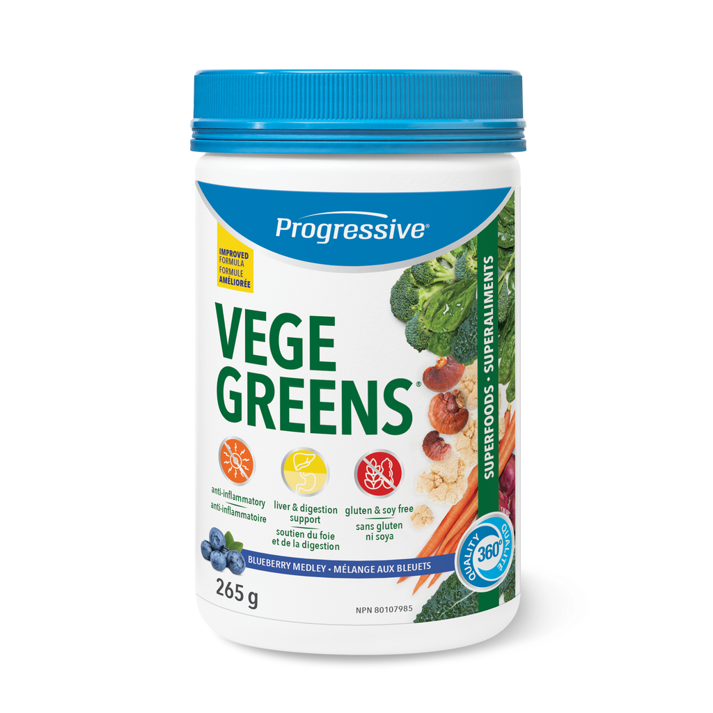 Progressive VegeGreens Daily Superfood & Adaptogen Powder Drink Mix - Blueberry Medley Flavour