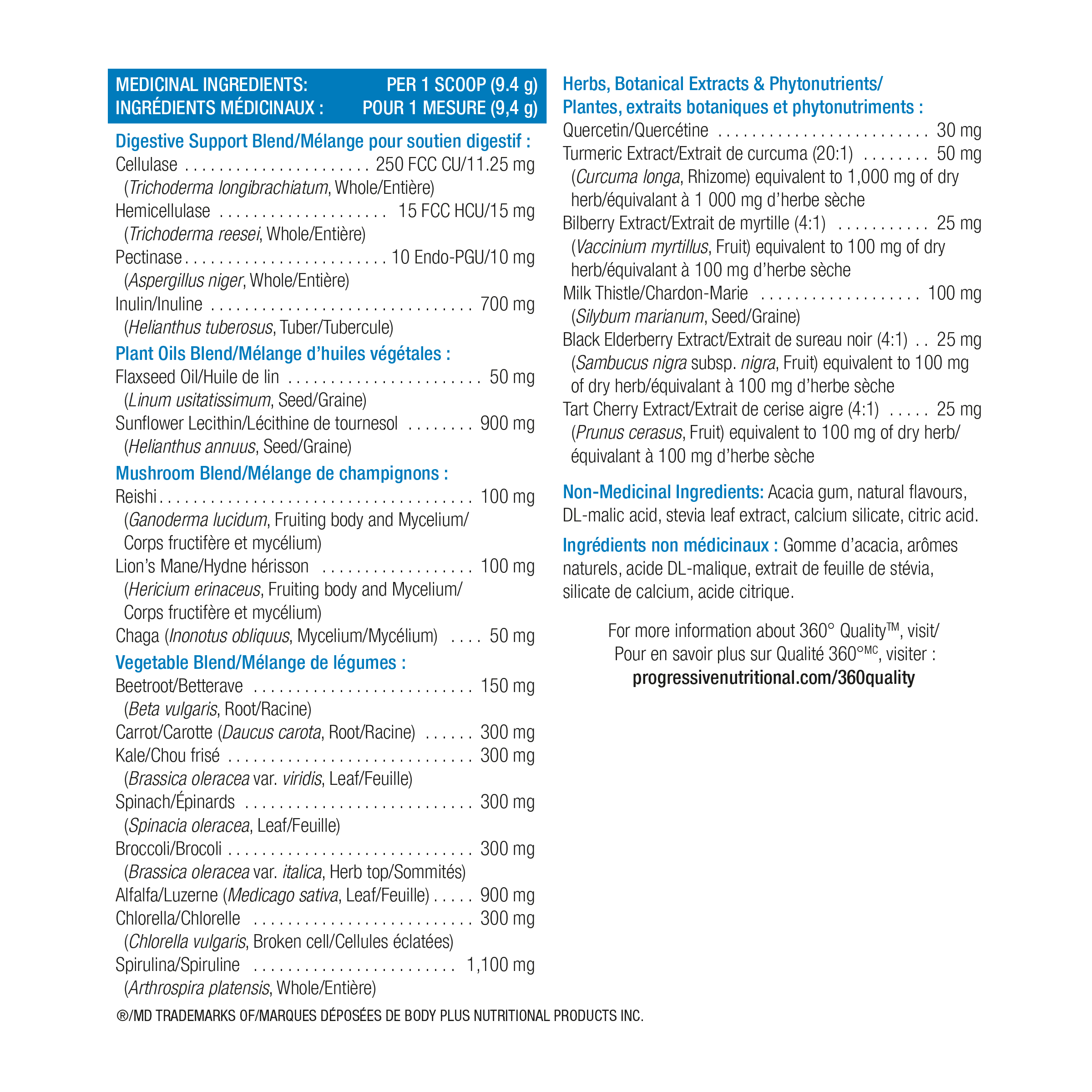 Progressive VegeGreens Daily Superfood & Adaptogen Powder Drink Mix - Blueberry Medley Flavour Nutrition Information