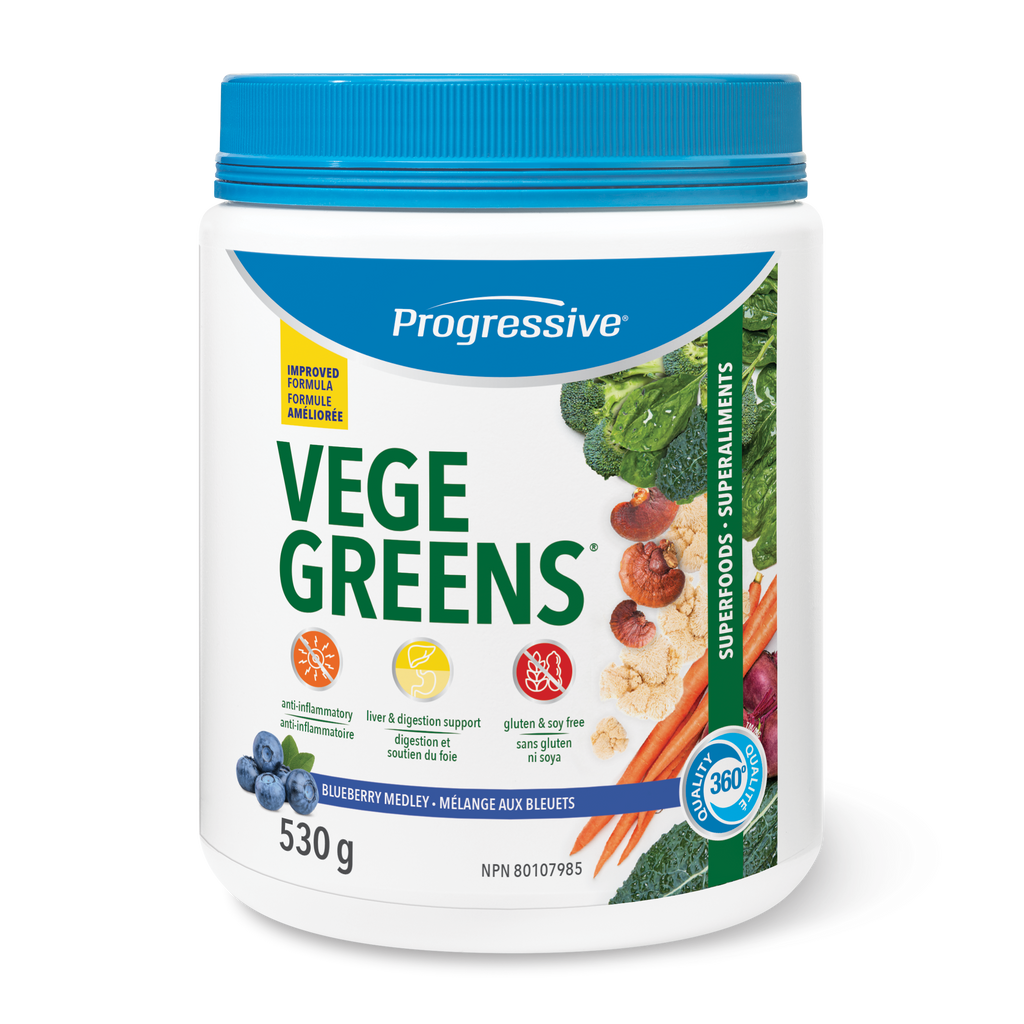 Progressive VegeGreens Daily Superfood & Adaptogen Powder Drink Mix - Blueberry Medley Flavour 
