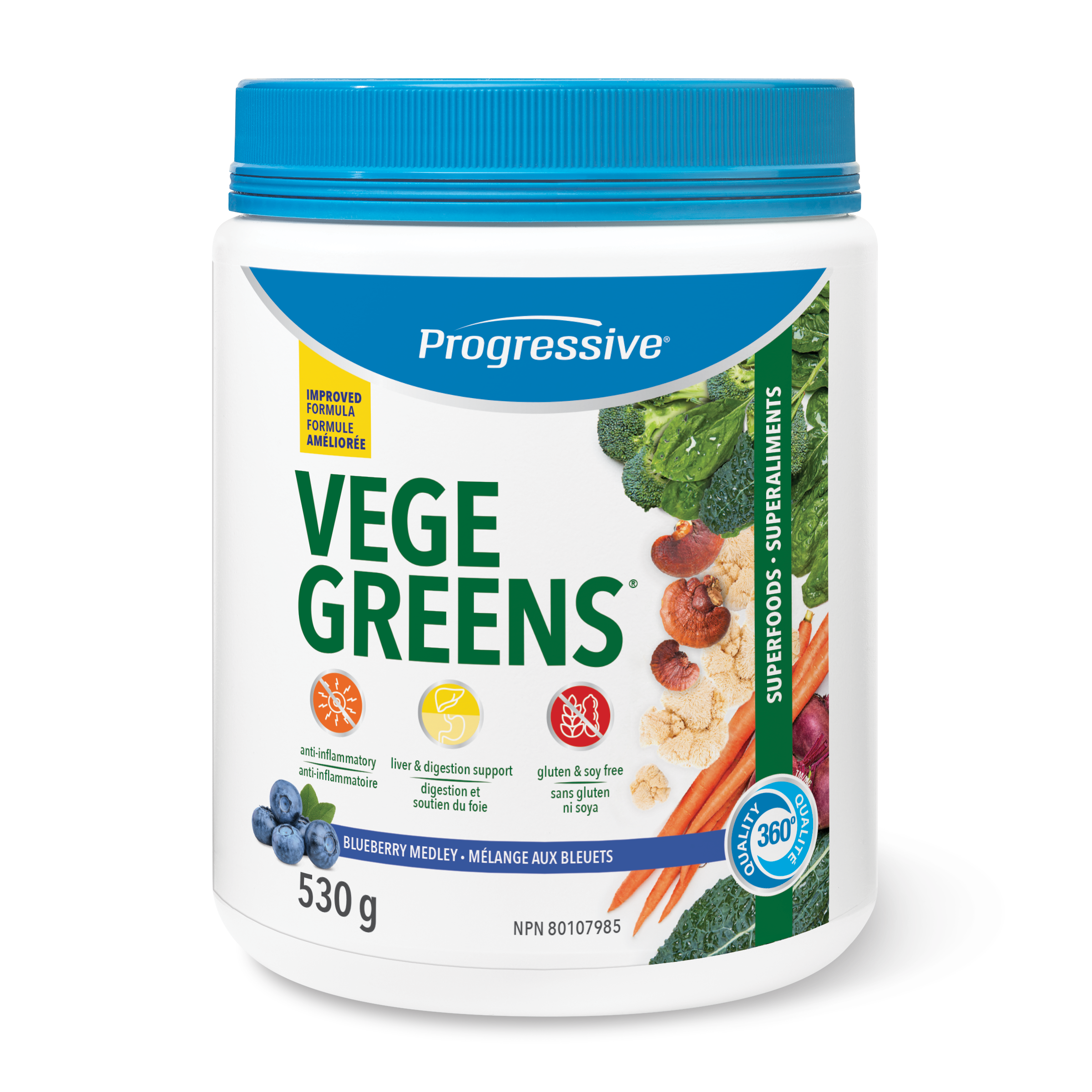 Progressive VegeGreens Daily Superfood & Adaptogen Powder Drink Mix - Blueberry Medley Flavour 