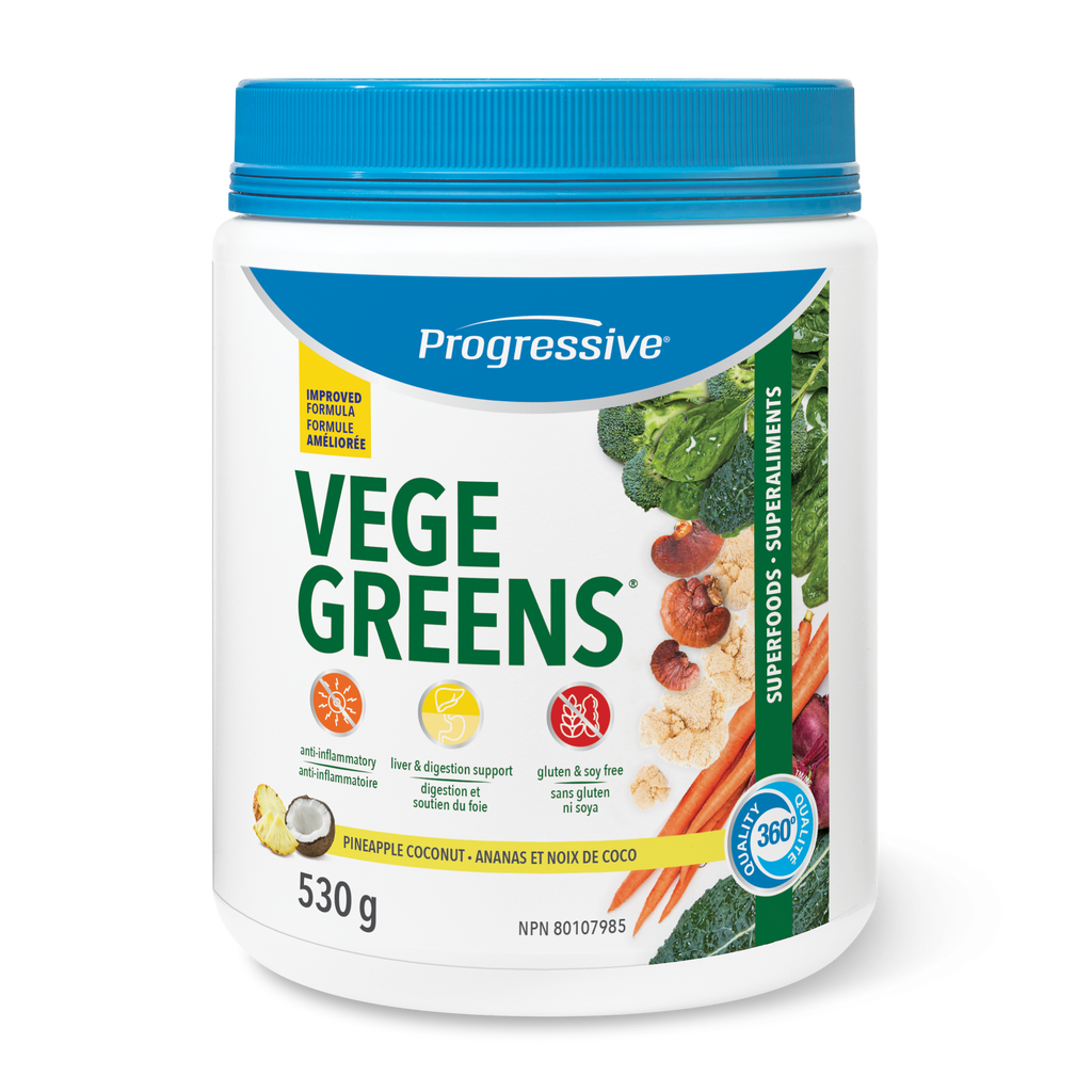 Progressive VegeGreens Daily Superfood & Adaptogen Powder Drink Mix - Pineapple Coconut Flavour