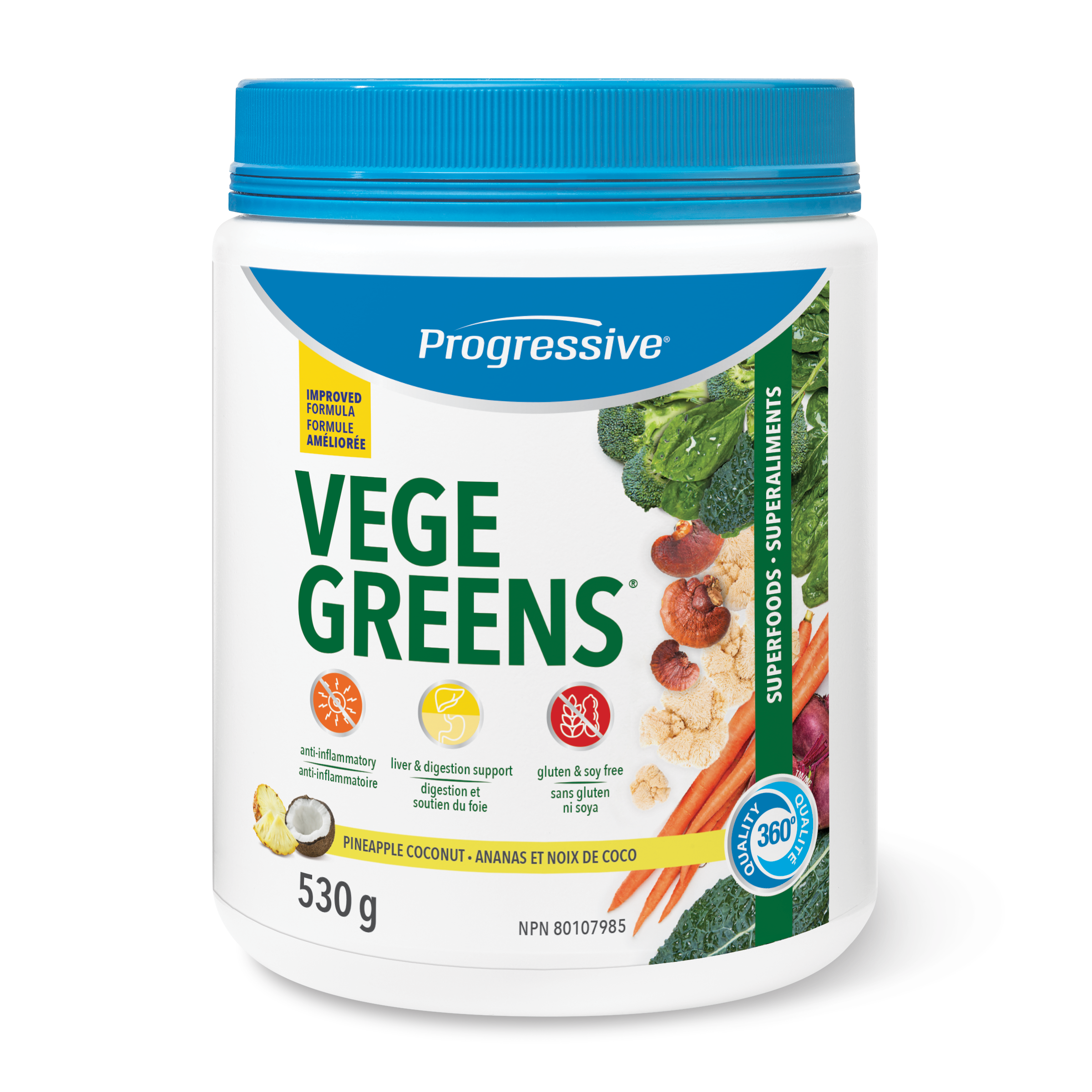 Progressive VegeGreens Daily Superfood & Adaptogen Powder Drink Mix - Pineapple Coconut Flavour